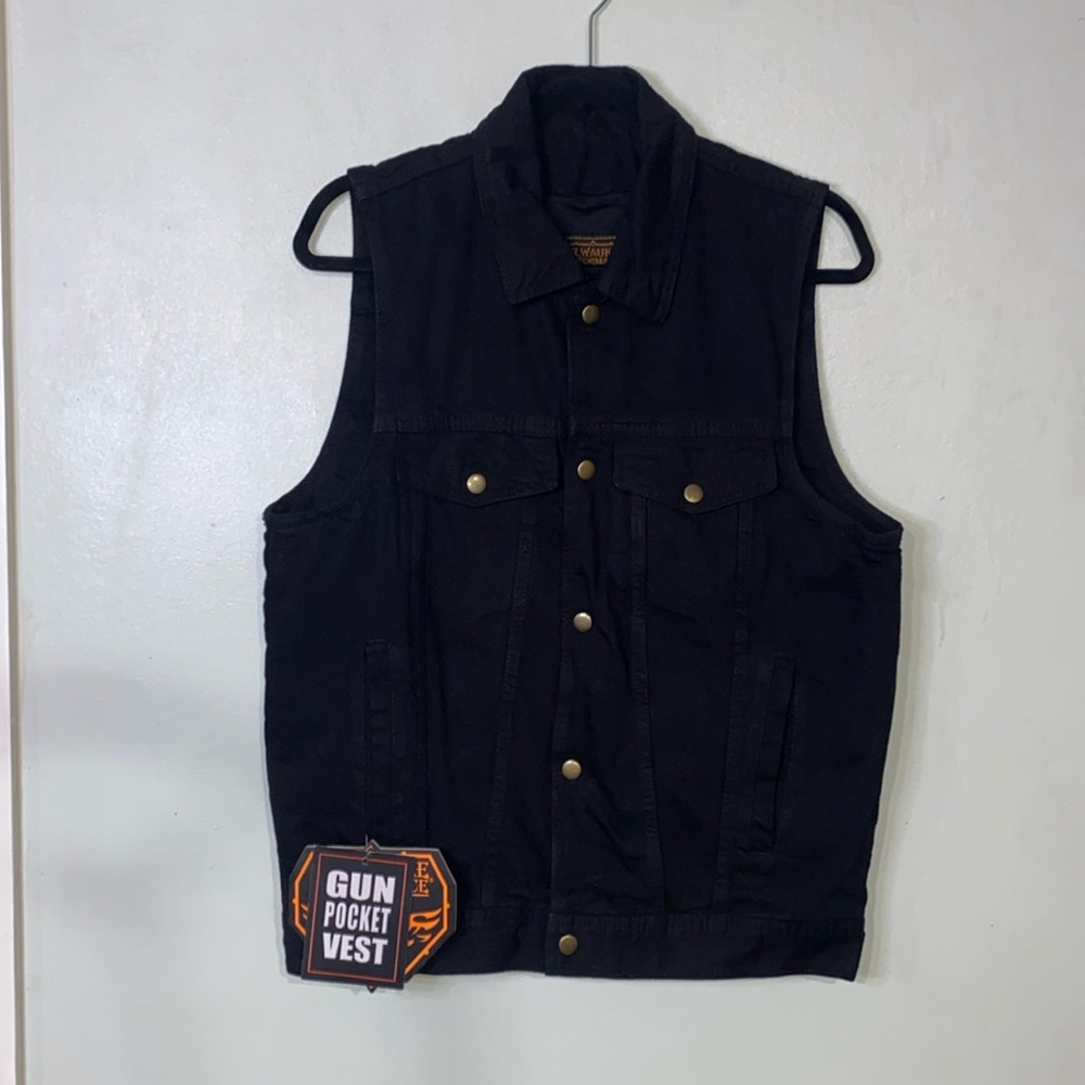 Milwaukee Leather Black Denim Motorcycle Biker Rider Gun Pocket Heavy Vest S